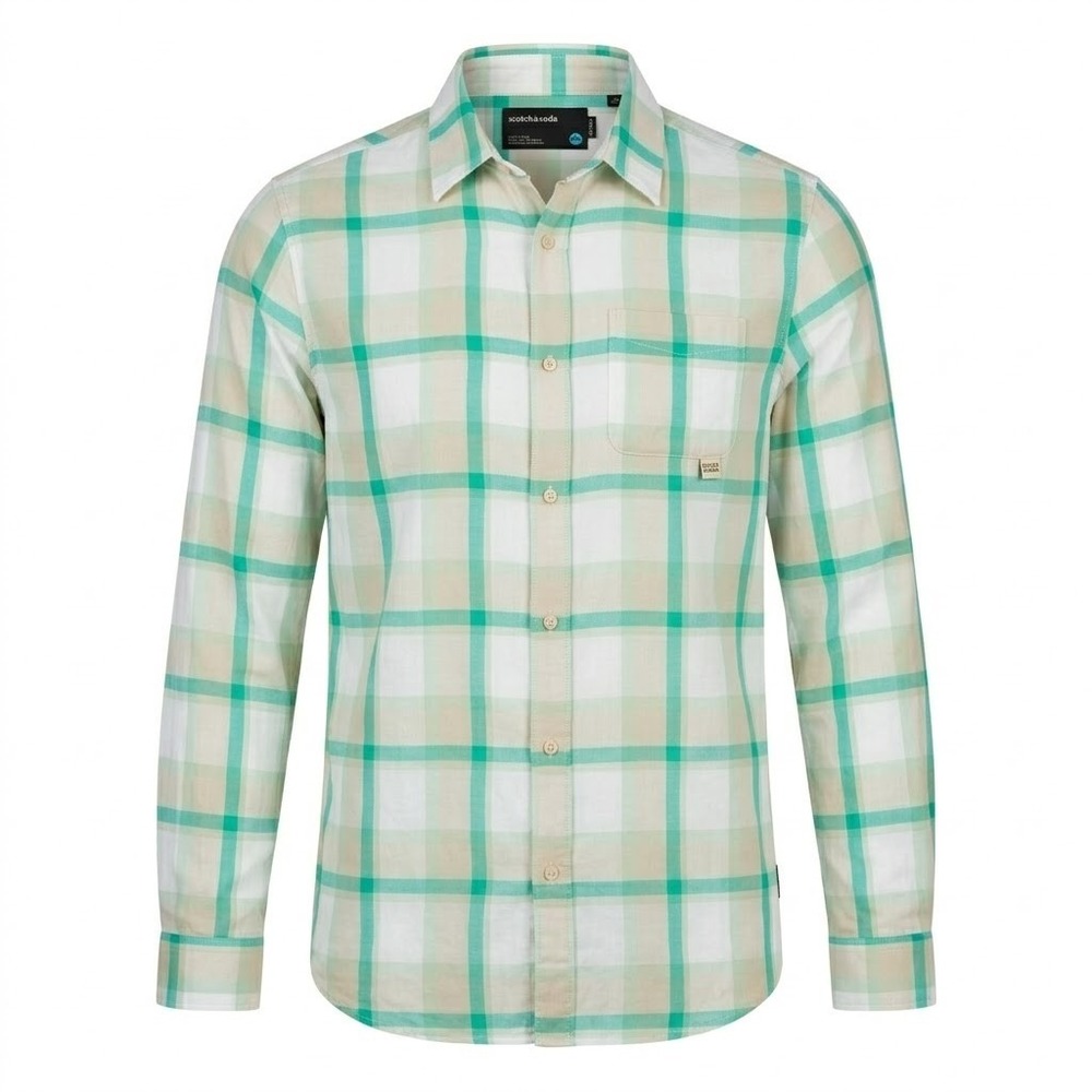 Scotch & Soda Mens M / L Relaxed Fit Plaid Modal Button Down Shirt Green Cream